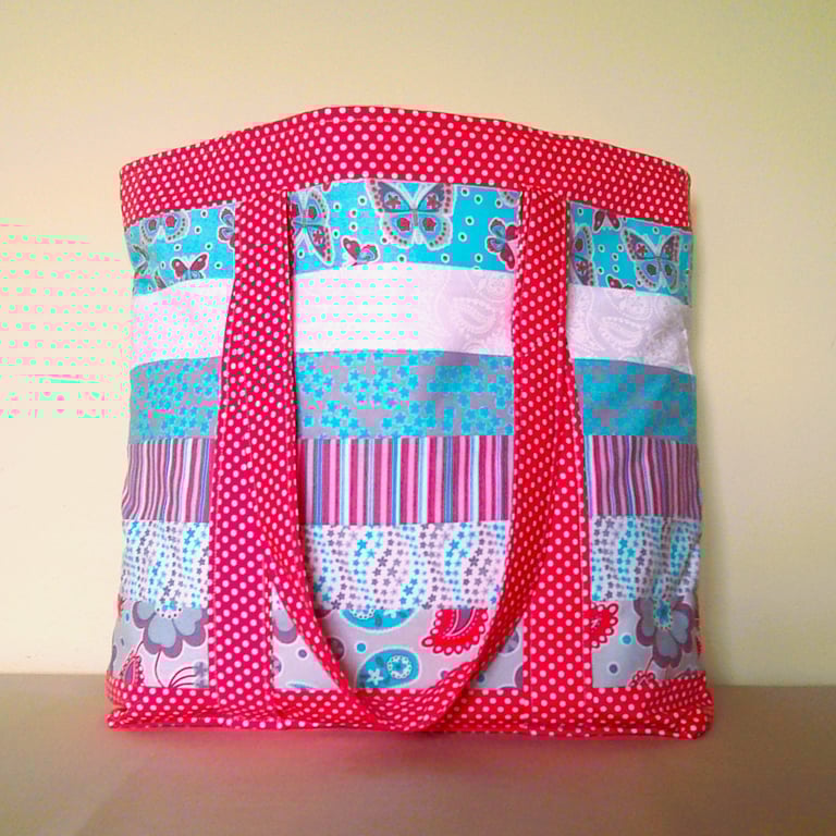 Large Tote Bag Salmon Pink & Teal 