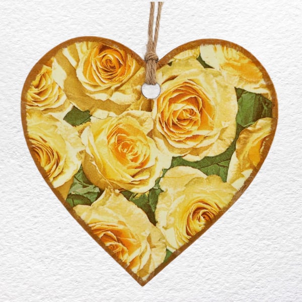 Decoupaged Wooden Hanging Heart 15cm (6"): Yellow Roses design