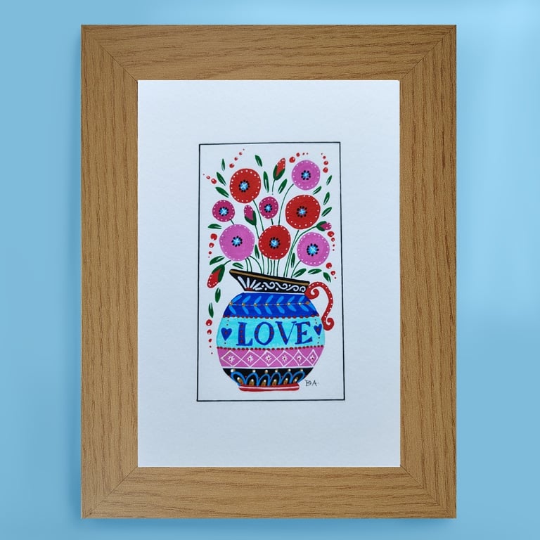 Poppies Love jug folk art painting, framed A5 original artwork unique wall art