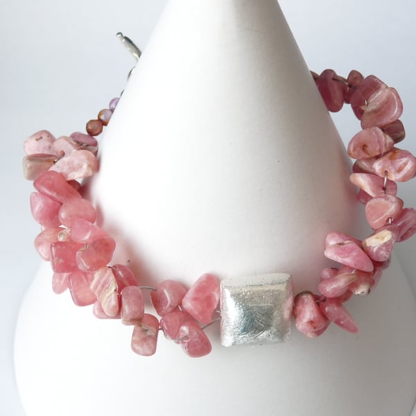 Rhodocrosite & Multi Agate Bracelet   - Genuine Gemstone - Handmade 