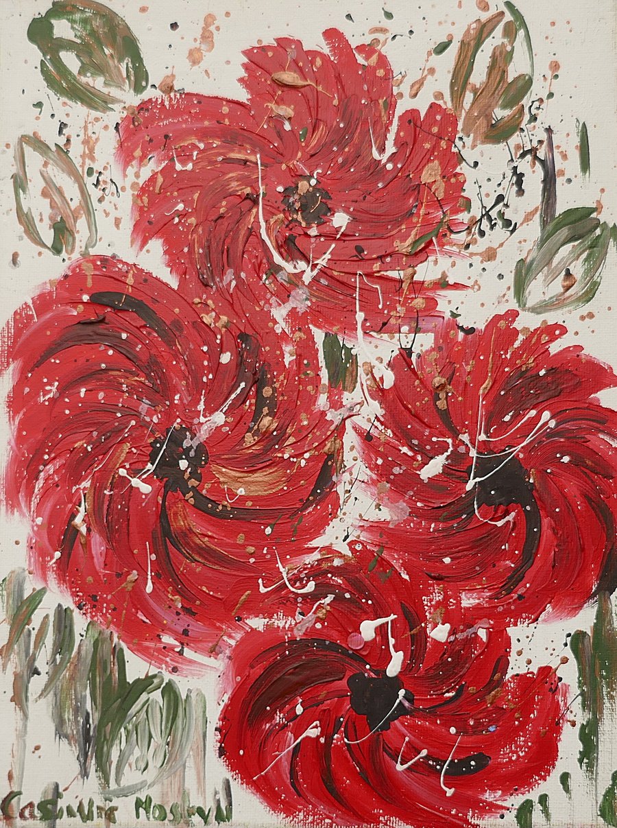  Red Poppy Flowers Absract acrylic painting on canvas 9" x 12"
