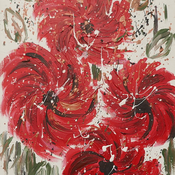  Red Poppy Flowers Absract acrylic painting on canvas 9" x 12"