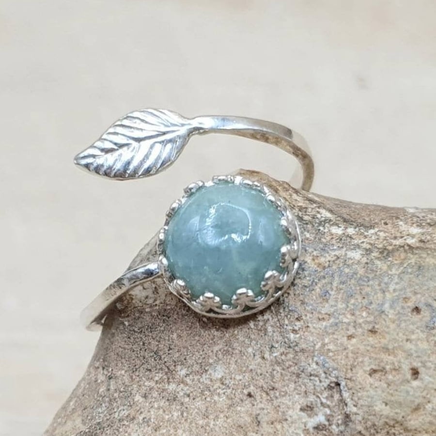 Adjustable Aquamarine leaf ring. March Birthstone. 925 sterling silver