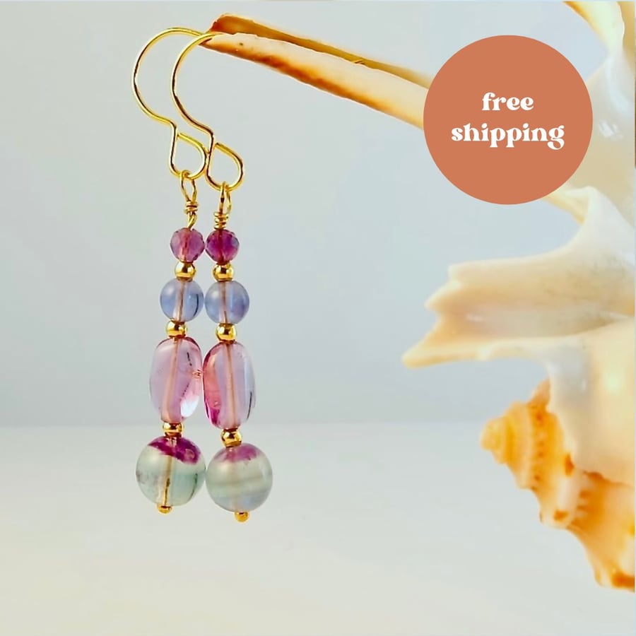 Lilac Amethyst And Fluorite Earrings - Handmade In Devon