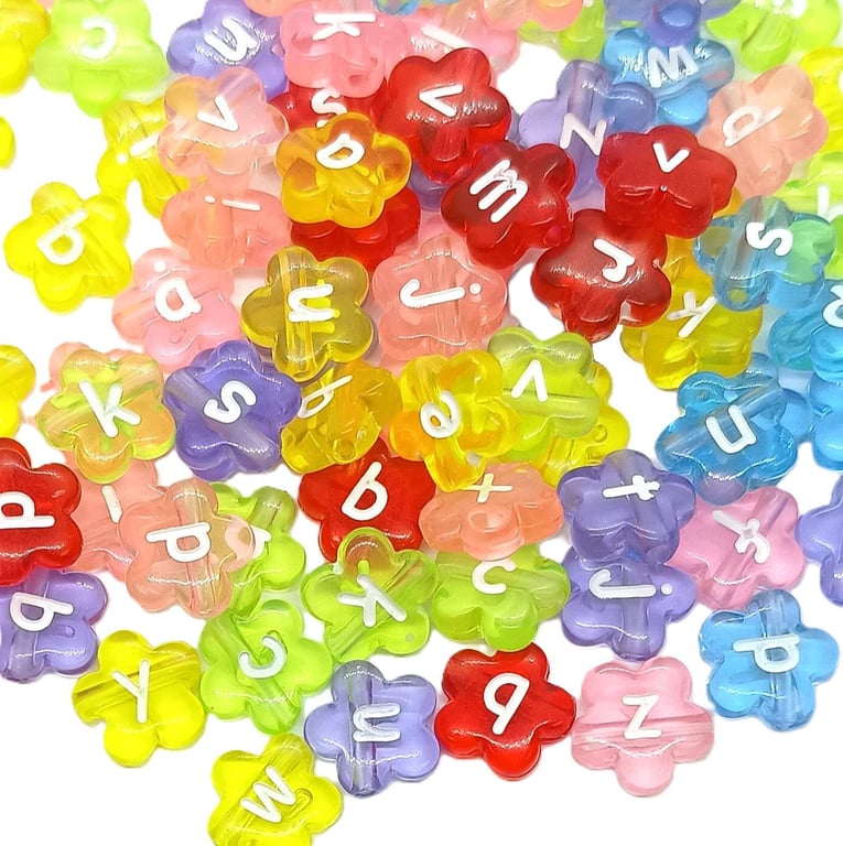 100pcs 11mm Translucent Flower Acrylic Alphabet beads, Multicoloured, Mixed Lett