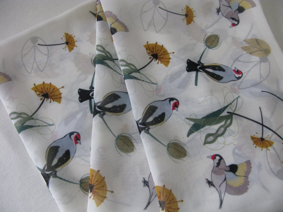 Handprinted chiffon scarf Goldfinches & Seed Heads