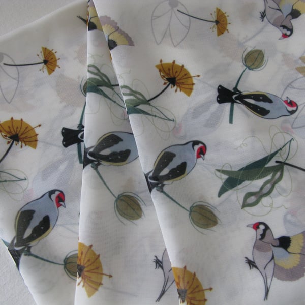 Handprinted chiffon scarf Goldfinches & Seed Heads