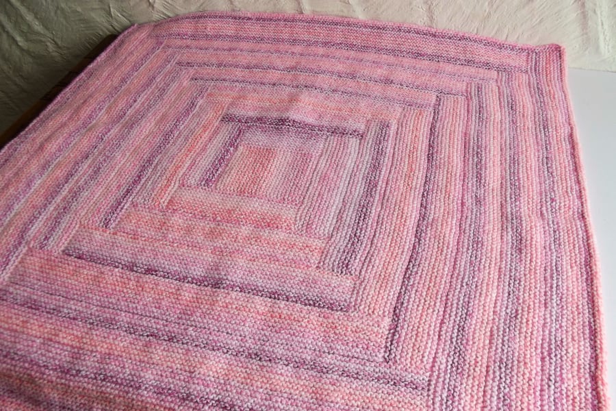 Hand knitted Log Cabin Style Cot Blanket, Pinks, 28 x 28, hm126