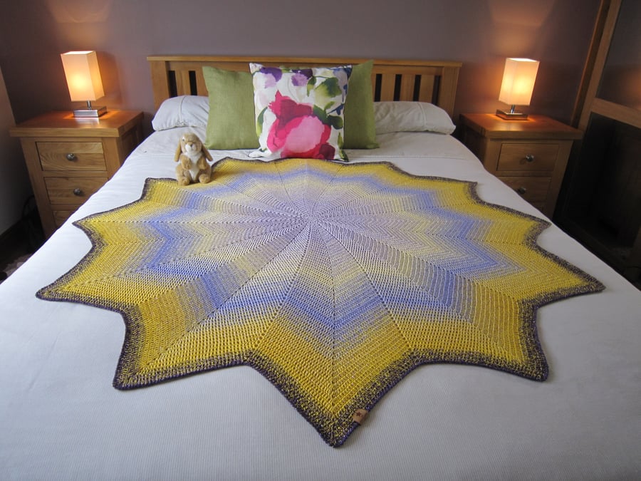 Crochet Yellow bed throw, sofa throw, purple throw, large, sparkly, Star Shape