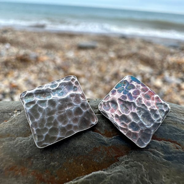  Oxidised Stud Earrings Hammered Squares Textured