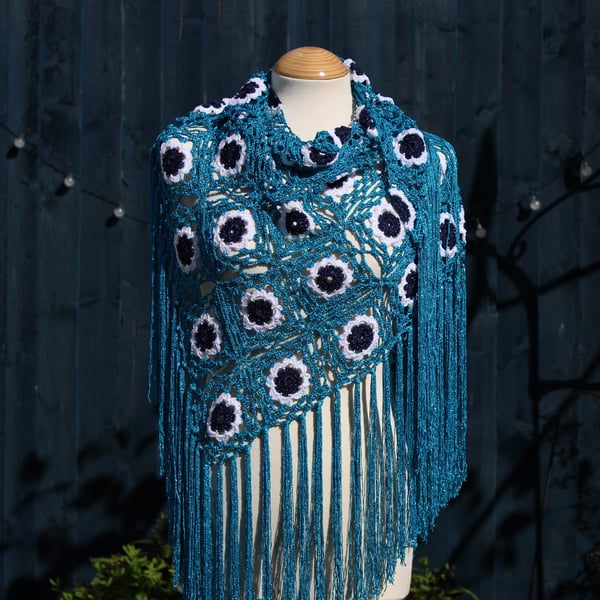 Crochet triangular shawl in sparkly turquoise, navy and white - design LF433