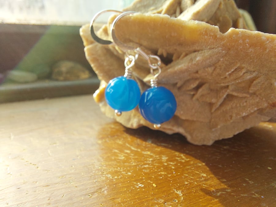 Sterling Silver Blue Agate Carved Rose Earrings