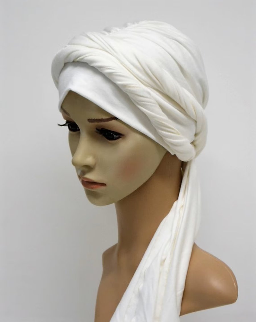 Stretchy viscose jersey turban with long ties, chemothrapy patient head wear