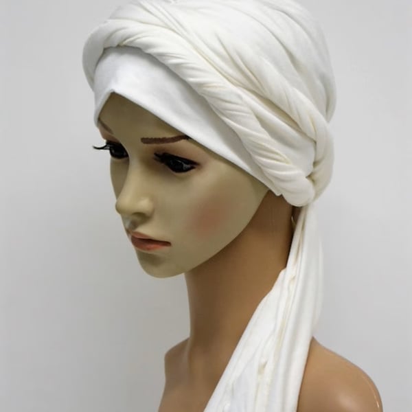 Stretchy viscose jersey turban with long ties, chemothrapy patient head wear
