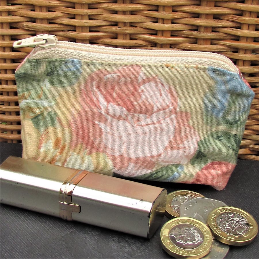 Small purse, coin purse - beige with pink Rose