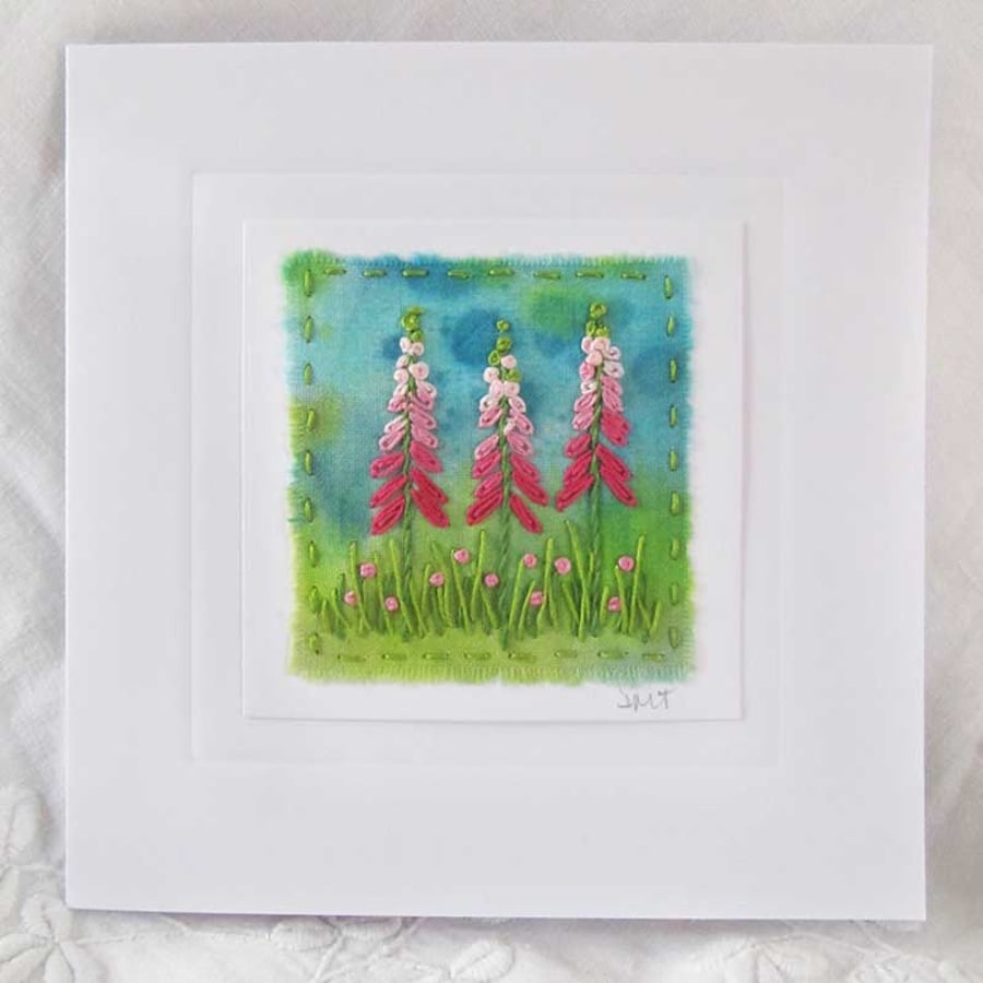 HAND EMBROIDERED GREETINGS CARD FOXGLOVES