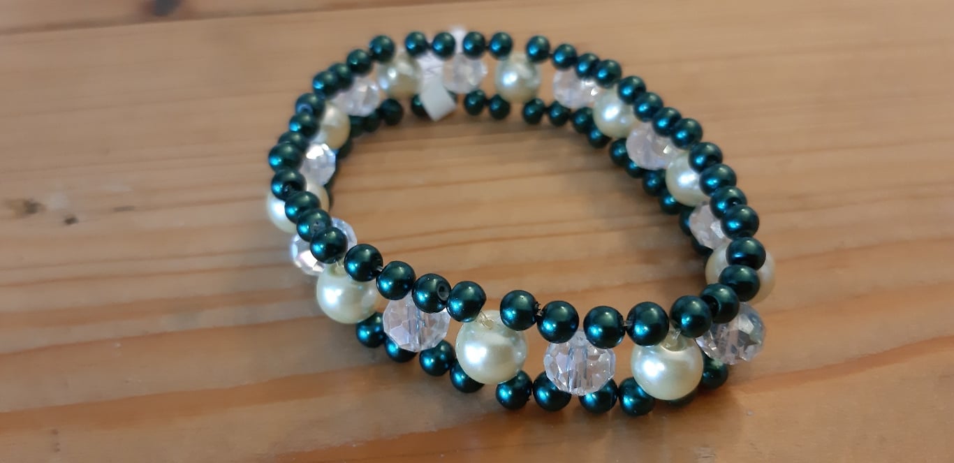 3 Layer Woven Beaded Elastic Bracelet - Green and Cream