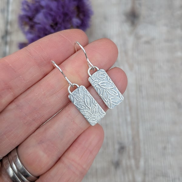 Sterling Silver Small Leaf Pattern Rectangle Earrings - JBJ1091