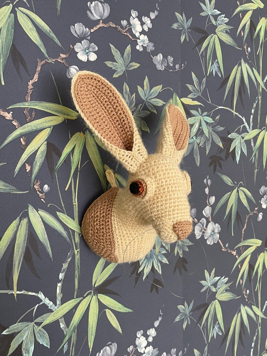 Faux Taxidermy Hare Trophy Head, Handcrafted Crocheted Wall Hanging Decor