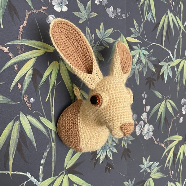 Faux Taxidermy Hare Trophy Head, Handcrafted Crocheted Wall Hanging Decor