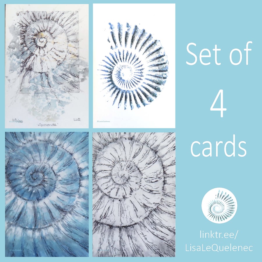 Ammonite fossils set of four blank card notelets bundle plastic free