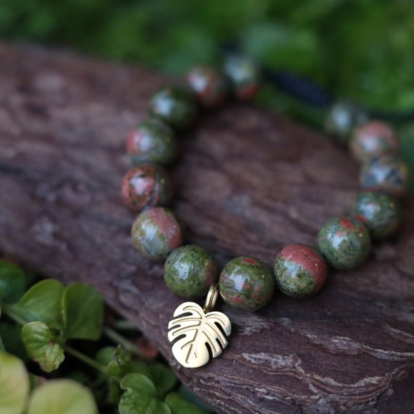 Unakite bracelet with leaf charm 