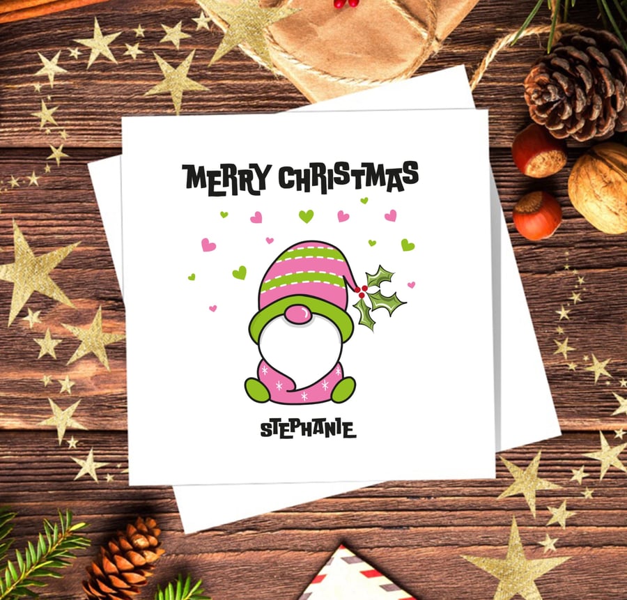 Image of Gonk Christmas Card, pink, personalised, blank inside