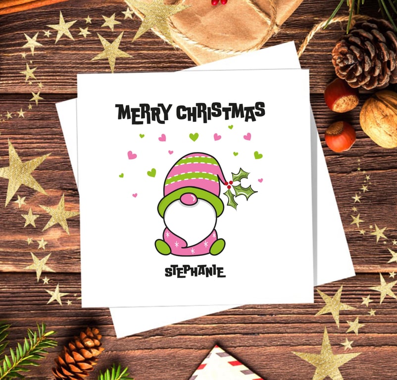 Gonk Christmas Card, pink, personalised, blank inside