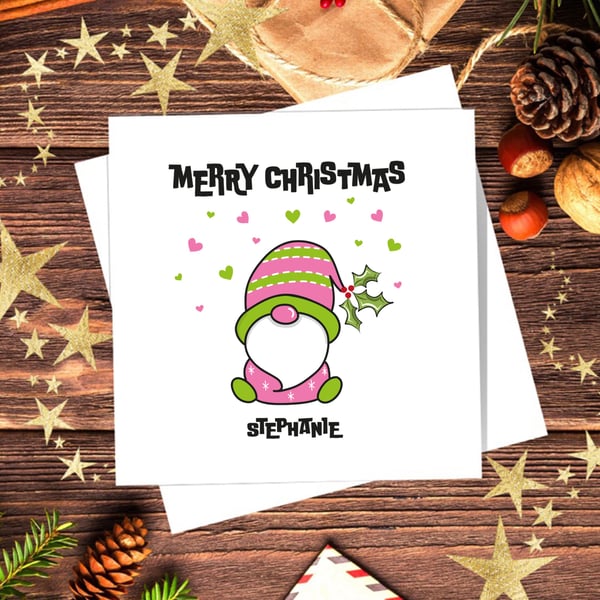 Gonk Christmas Card, pink, personalised, blank inside