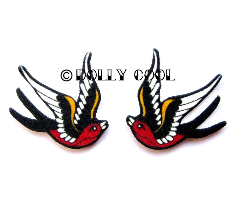 Swallow earrings in Black and Red Tattoo Style by Dolly Cool Sparrow Tattoo Flas