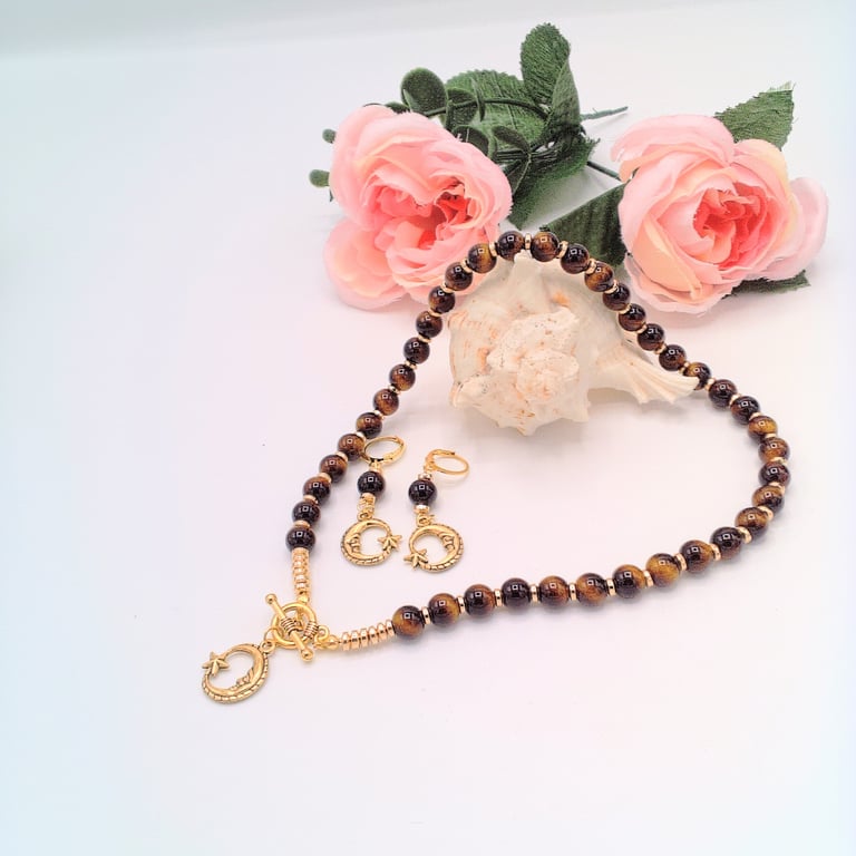 Golden Brown Tigers Eye and Man in the Moon Charm Necklace & Earrings
