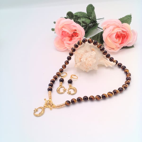 Golden Brown Tigers Eye and Man in the Moon Charm Necklace & Earrings