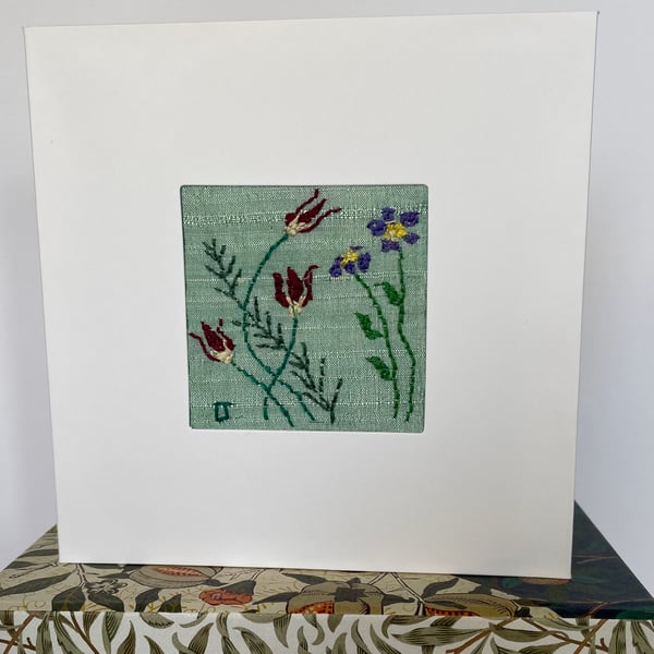 Hand embroidered blank greetings card - ‘Flower Border No.1’