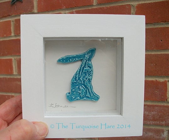 Turquoise ceramic moongazing  hare picture - Rustic white frame