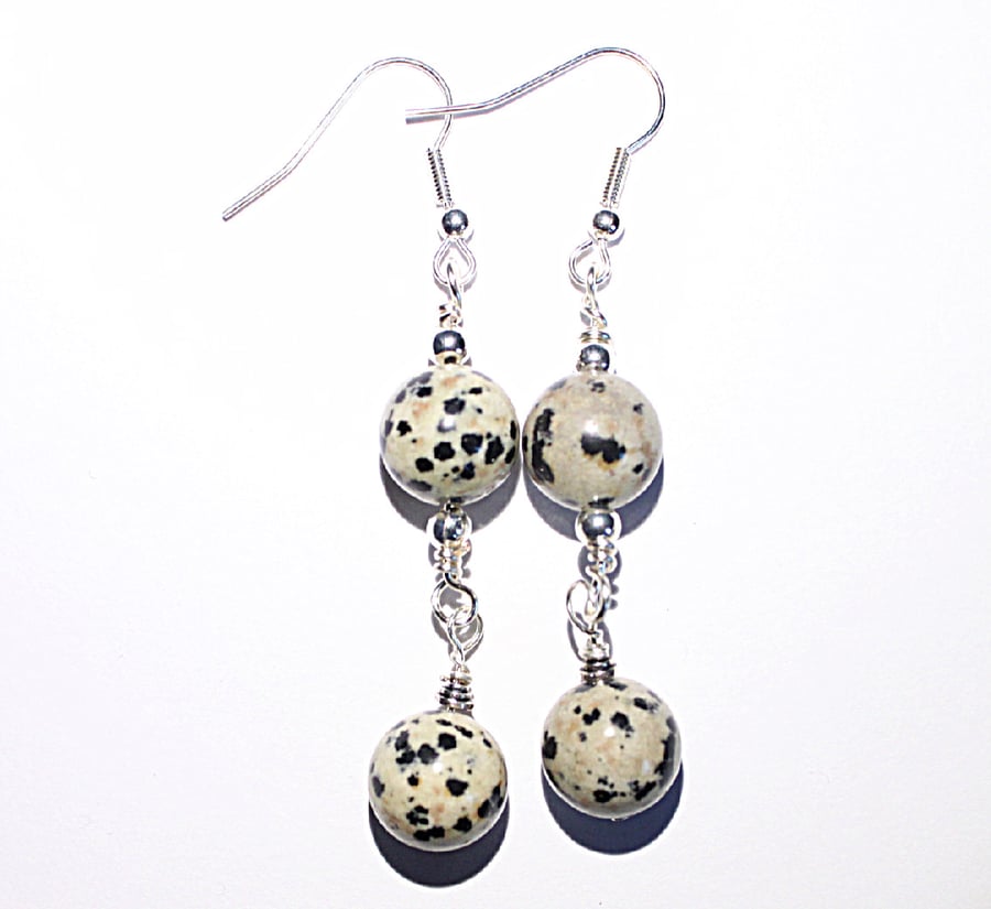 Dalmatian jasper beaded dangle earrings, Natural gemstone drop earrings