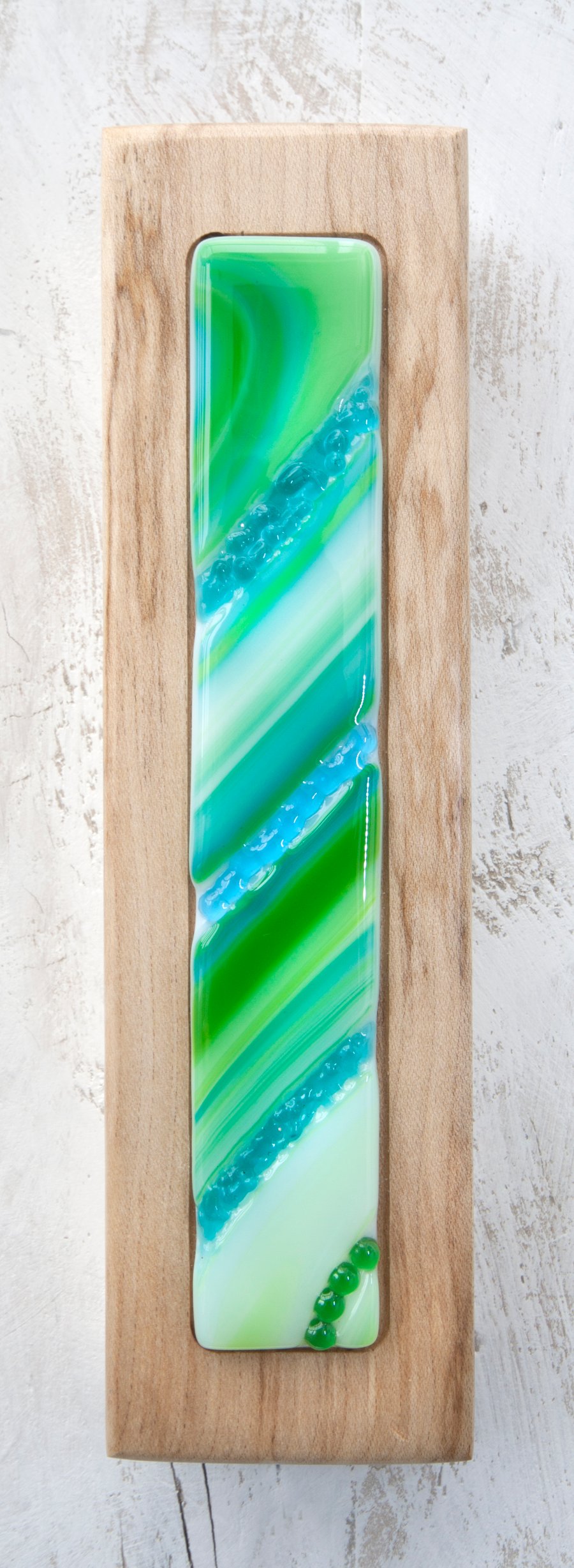 Fused Glass Picture with Bands of Green and Turquoise set in an Sycamore Block