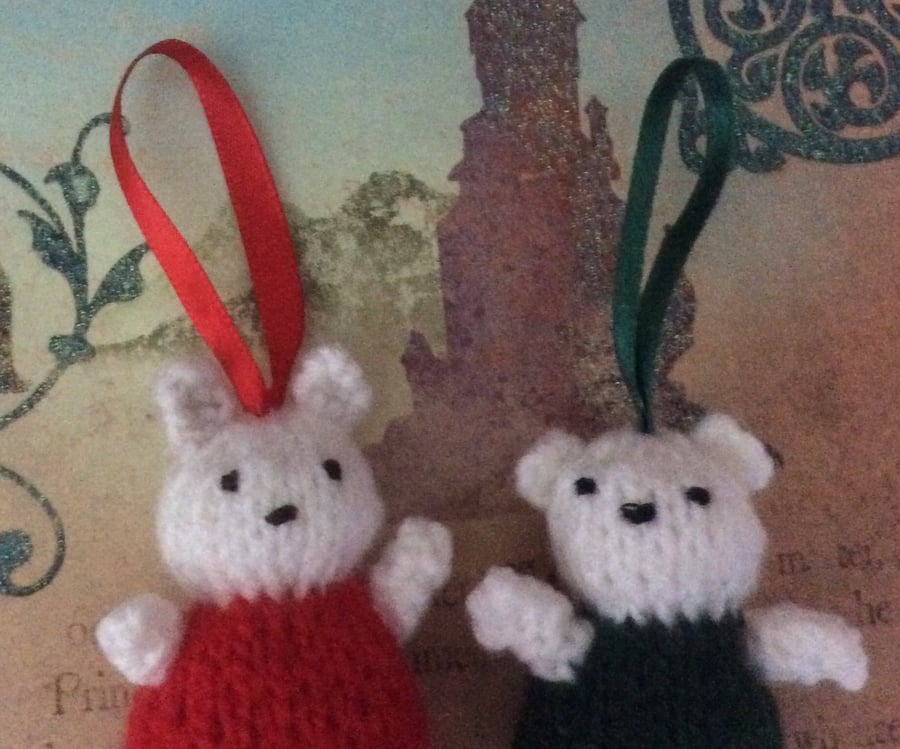 2 Knitted Clove scented  Hanging Christmas Teddy Bears