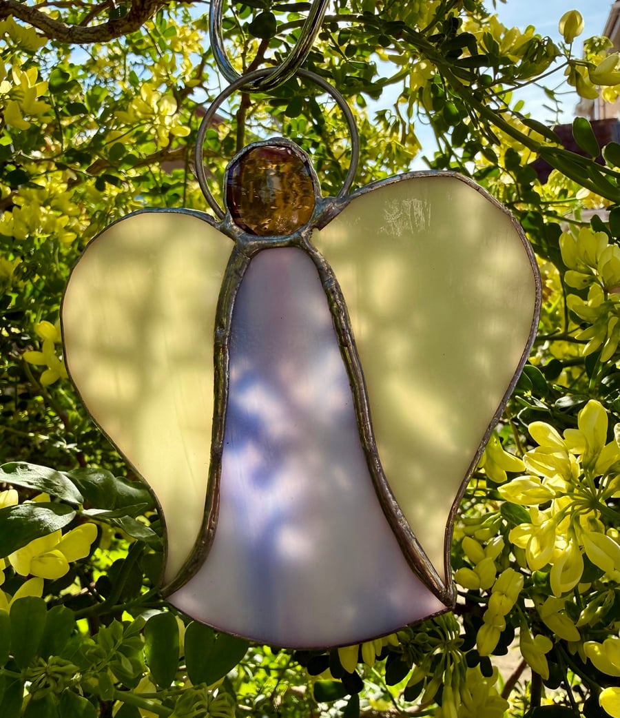 Stained Glass Bell Angel Decoration - Blue-purple-pink body with creamy wings