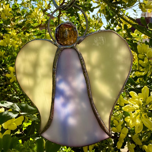 Stained Glass Bell Angel Decoration - Blue-purple-pink body with creamy wings