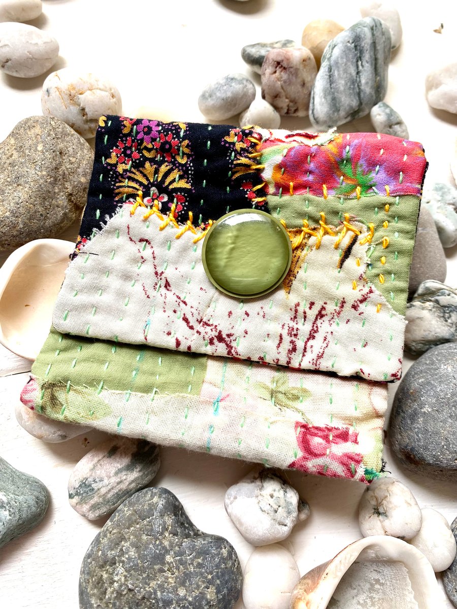 Multi coloured Boro style embroidered pouch, purse