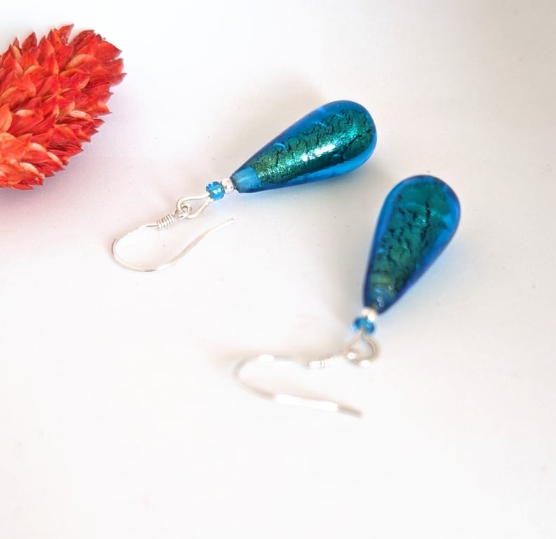 Kingfisher Blue Murano Glass Drop Earrings, Sterling Silver Beads and Ear Wires