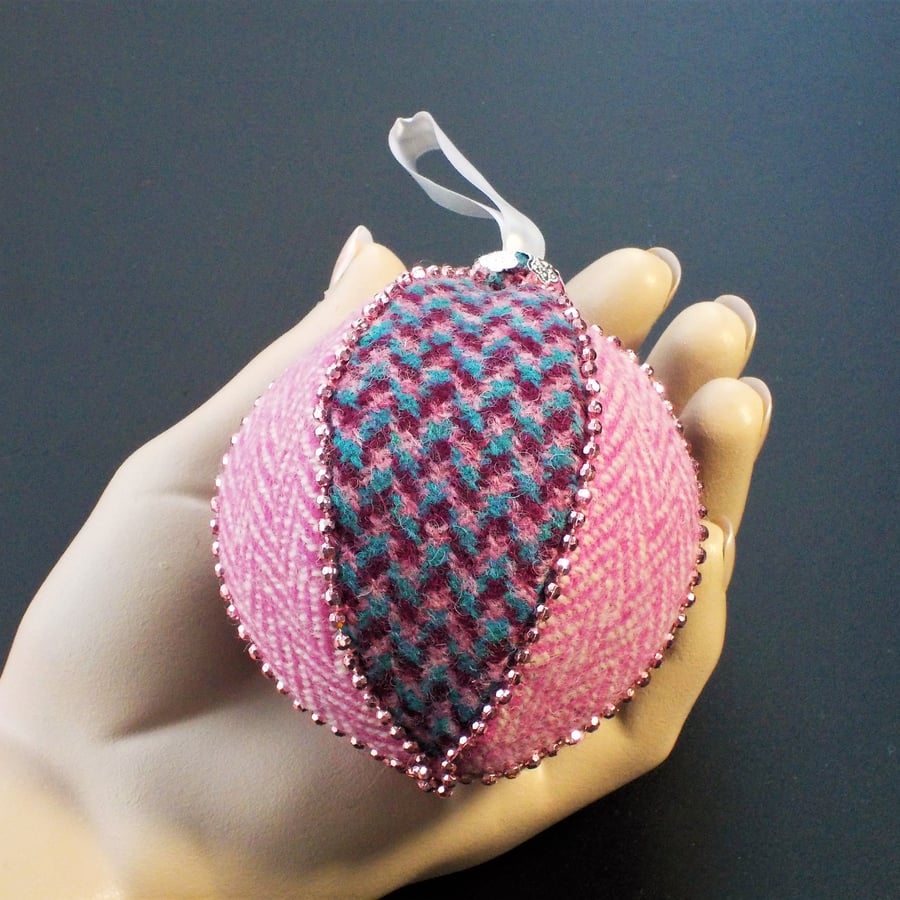 Harris tweed bauble Christmas tree decoration pink and magenta ornament
