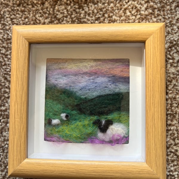 North York moors sunset with grazing sheep needle felt  box frame 