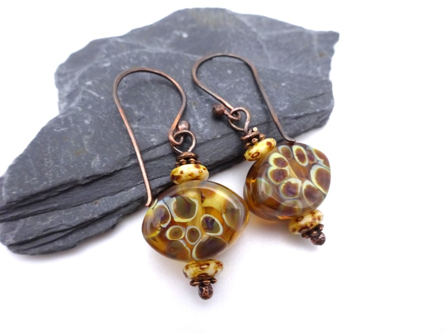 amber lampwork glass earrings, copper jewellery