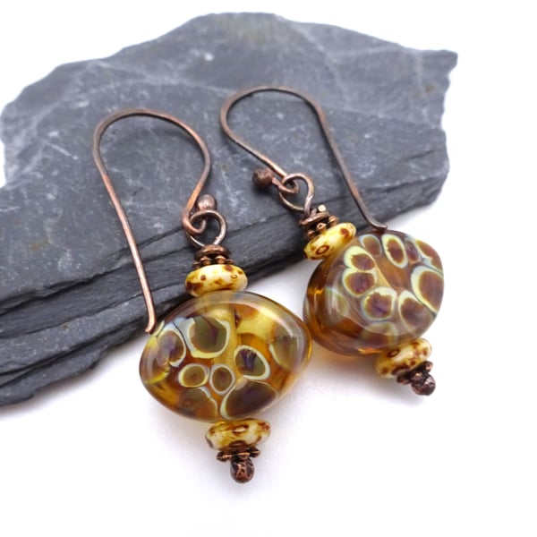 amber lampwork glass earrings, copper jewellery