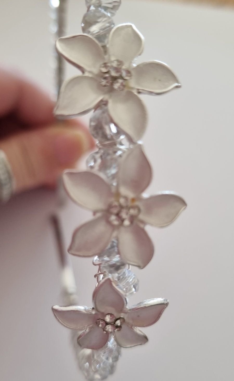 Swarovski crystals and white enamel bridal hair peice 