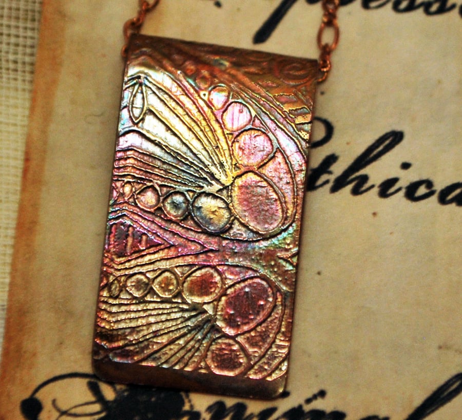 Etched copper pattern pendant - copper pendant on brass chain