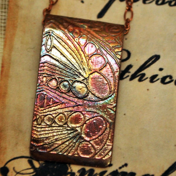 Etched copper pattern pendant - copper pendant on brass chain
