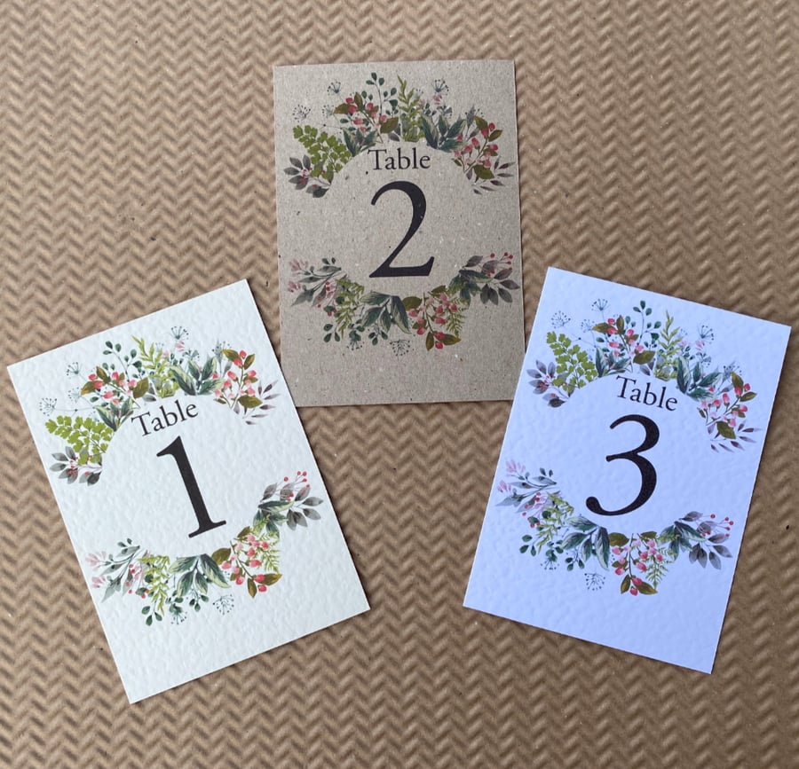 Wildflowers greenery wreath wedding TABLE NUMBERS foliage rustic A6 card