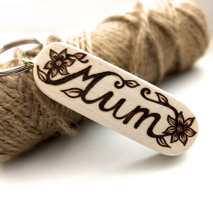 Gift for Mum, Hand Burned Pyrography Wooden Floral Keyring